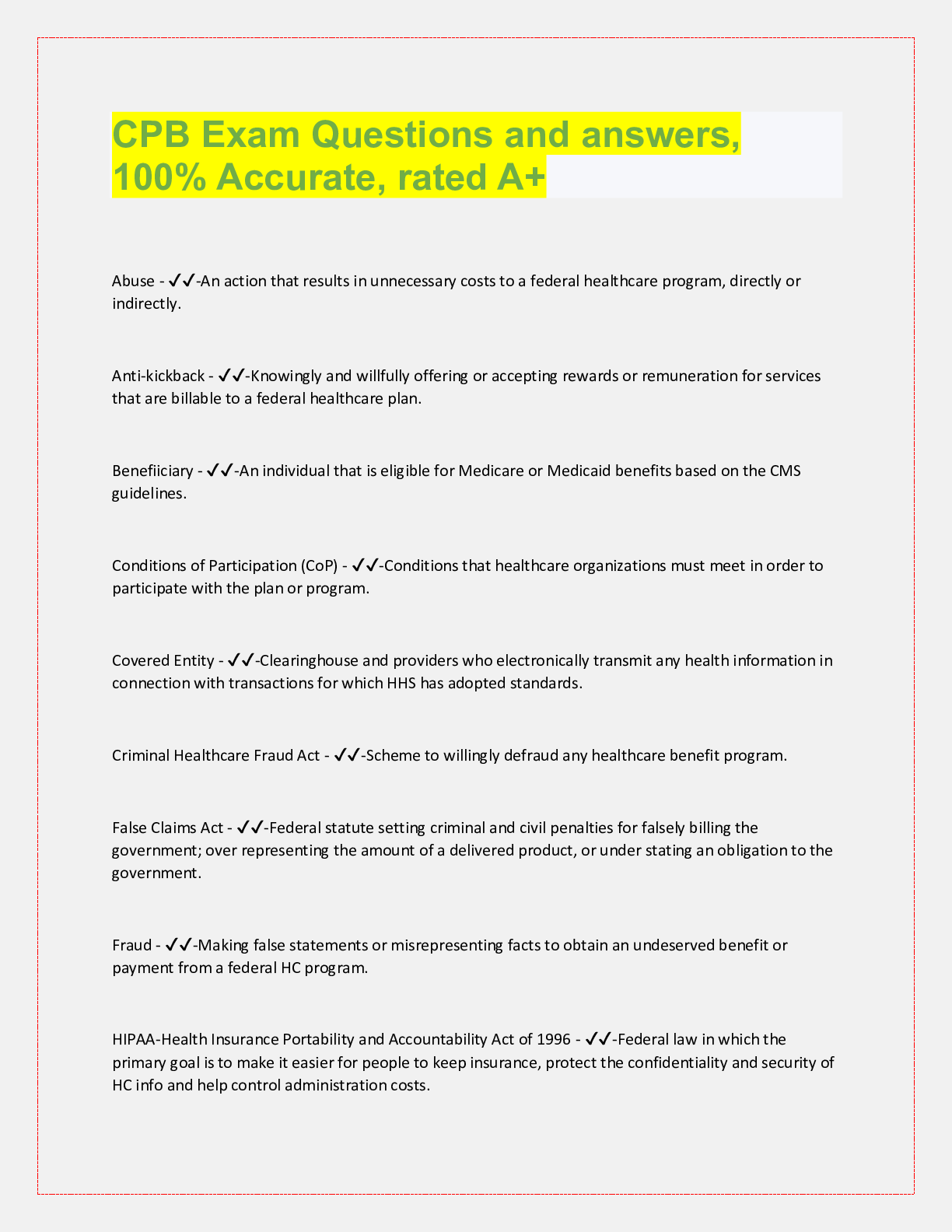 Preview image for CPB Exam Questions and answers,  100% Accurate, rated A+ Abuse - ✔✔-An action